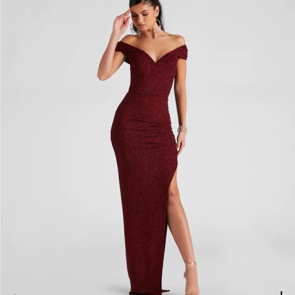 Elianna Off-The-Shoulder Glitter Formal Dress - Wine